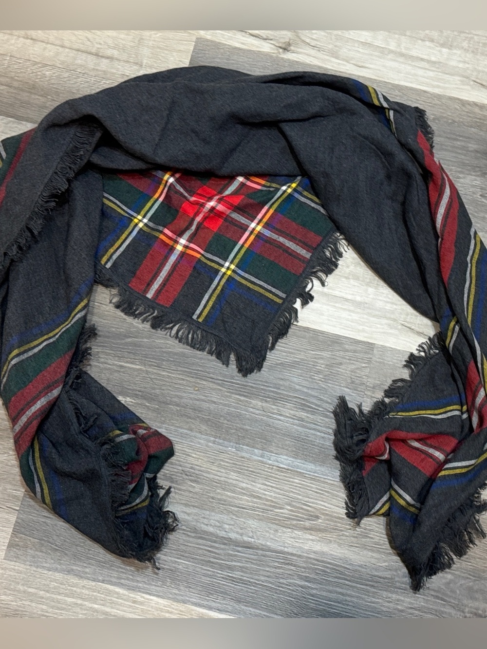 Lands' End Gray Scarf with Red, Green & Yellow Titan Plaid Shawl